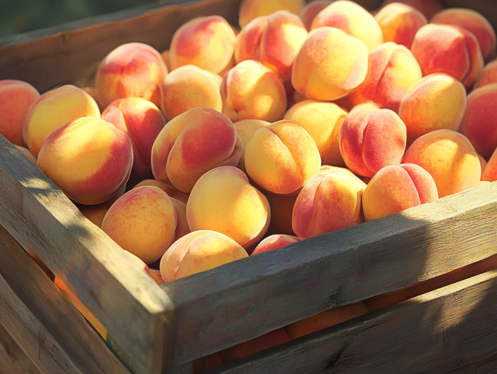 A wooden crate filled with ripe, colorful peaches at a farmer’s market, bathed in natural sunlight