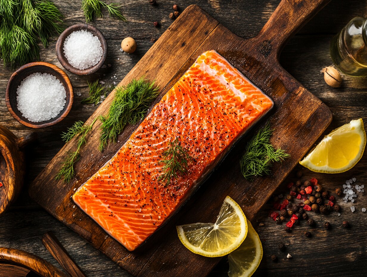 A beautifully smoked salmon fillet on a wooden cutting board, surrounded by brining ingredients like salt, sugar, and dill.