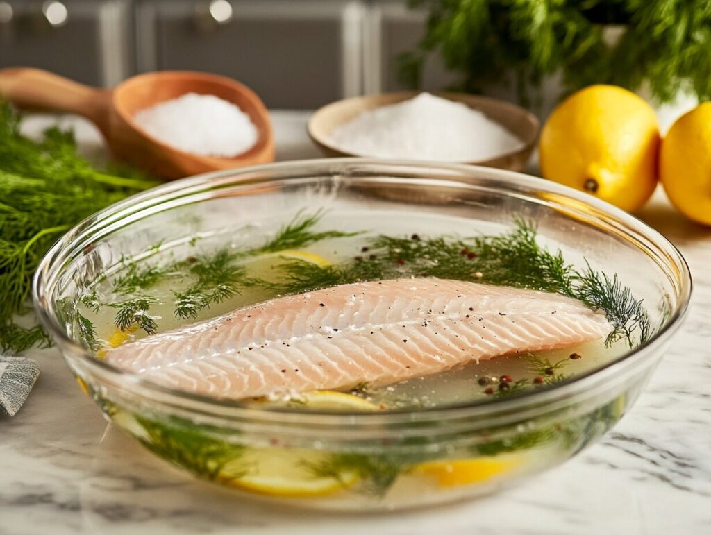 Fresh fish fillet in a clear bowl of brine with salt, peppercorns, and herbs, prepared for smoking on a kitchen counter with ingredients in the background