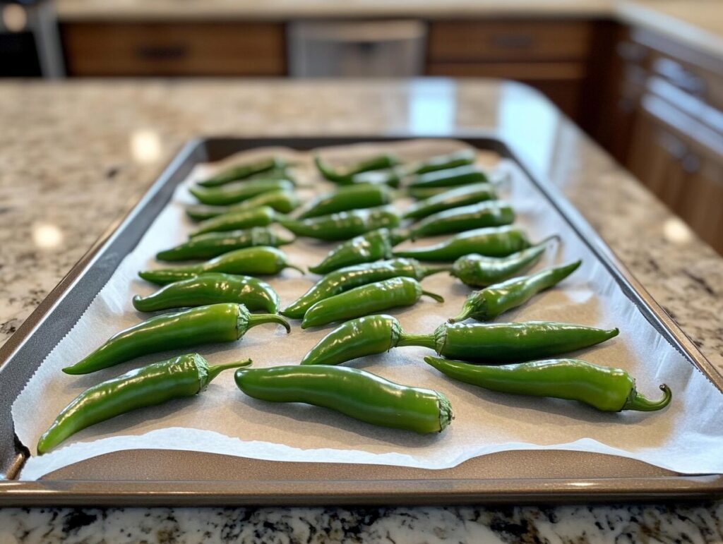 Serrano peppers spread out on a baking sheet lined with parchment paper, ready for freezing.