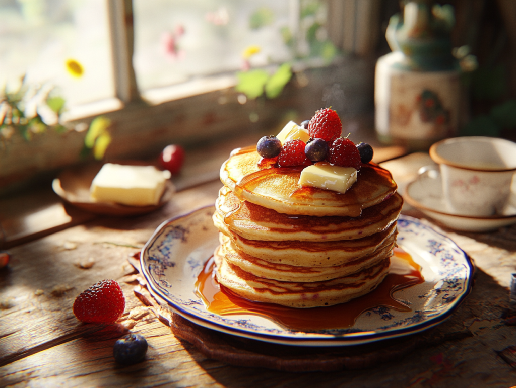 A stack of sourdough pancakes topped with berries and maple syrup, perfect for breakfast.