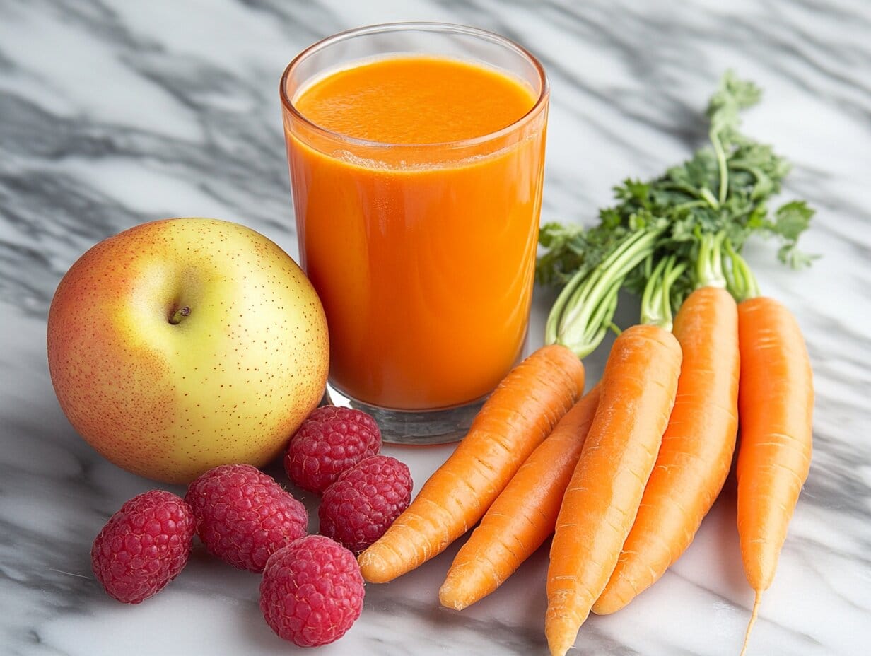A glass of vibrant orange carrot juice on a marble surface, surrounded by fresh carrots, a pear apple, and ripe raspberries for a healthy and refreshing drink.