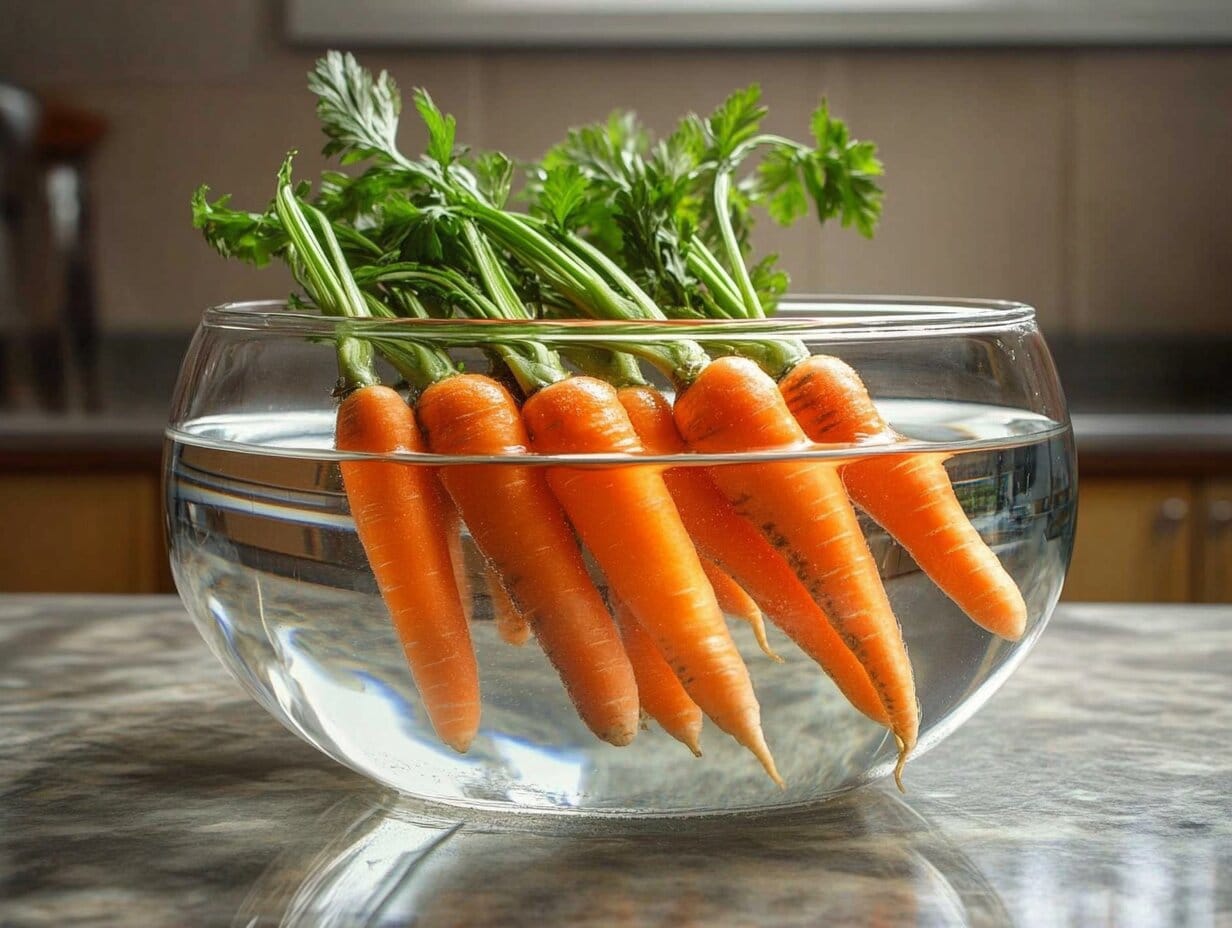 Should You Soak Carrots in Water Before Juicing? 1 A bunch of fresh organic carrots with green tops soaking in a clear glass bowl of water on a kitchen countertop, with natural light highlighting their vibrant orange color.