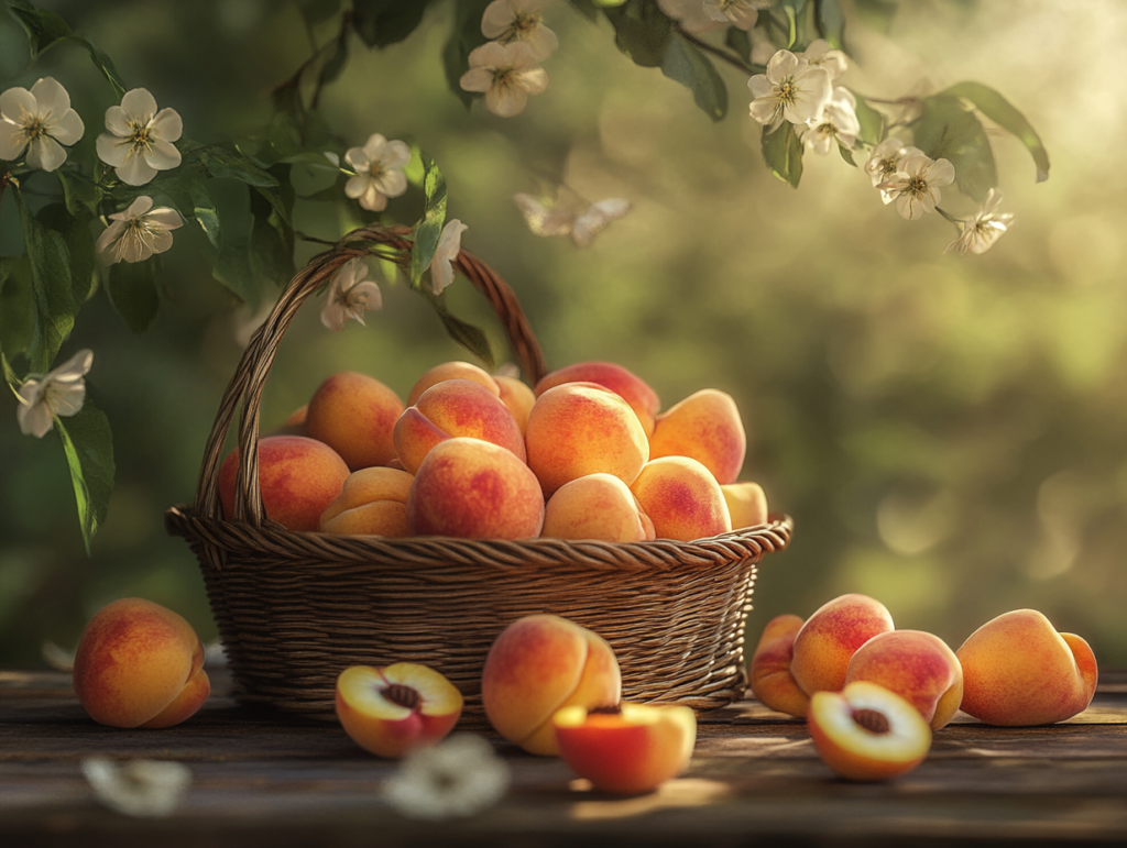 A rustic basket filled with fresh, juicy peaches with golden-orange skin, some sliced to reveal vibrant yellow flesh, set against a summery background with greenery and soft sunlight.