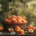 A rustic basket filled with fresh, juicy peaches with golden-orange skin, some sliced to reveal vibrant yellow flesh, set against a summery background with greenery and soft sunlight.