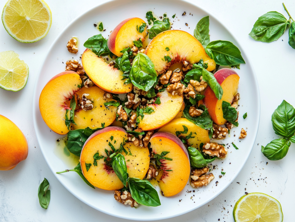 A peach salad featuring basil, toasted walnuts, and lime zest on a white plate surrounded by herbs and lime slices