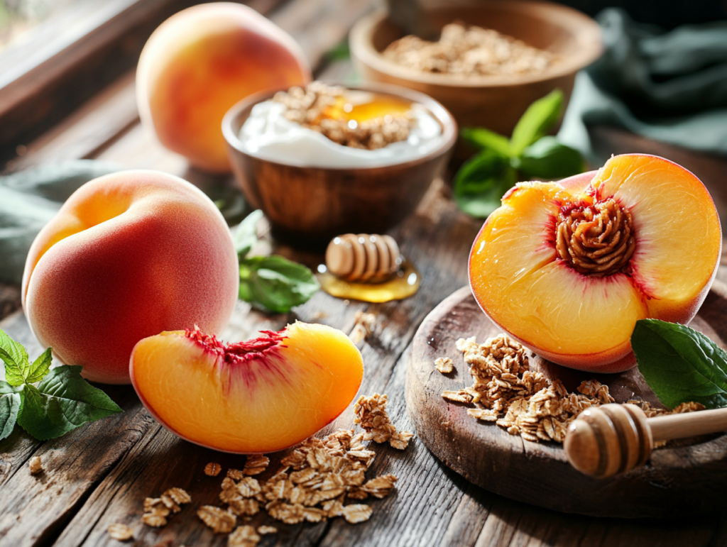 A fresh peach with yogurt, granola, and honey on a rustic table in morning sunlight.