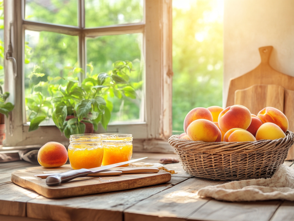 A rustic basket of fresh peaches on a kitchen countertop with a jar of peach jam and kitchen tools.