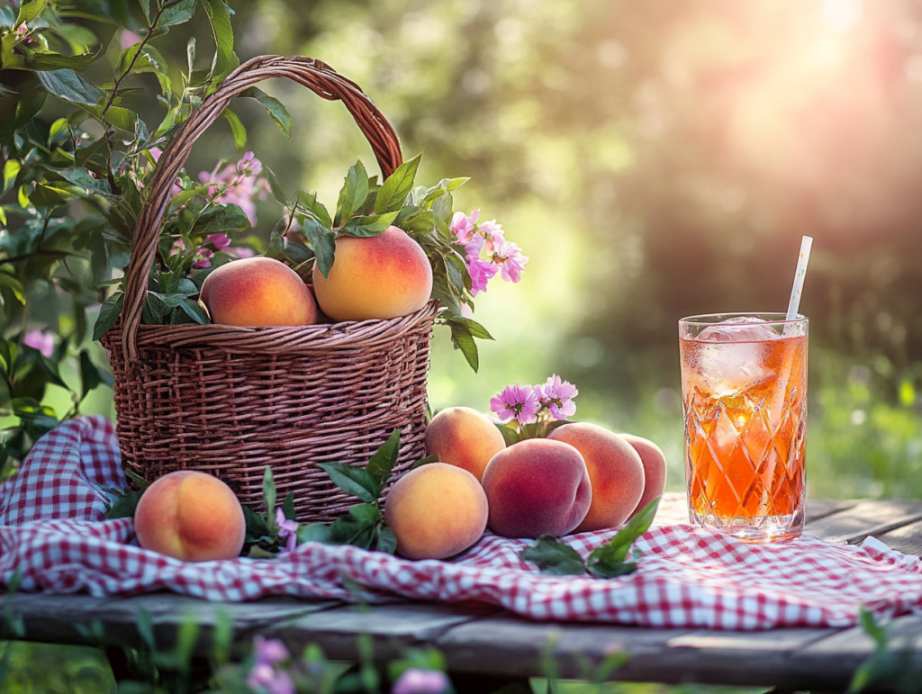 A woven basket filled with fresh peaches on a picnic table with summer decor, including wildflowers and a glass of peach iced tea in sunlight.