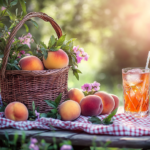 A woven basket filled with fresh peaches on a picnic table with summer decor, including wildflowers and a glass of peach iced tea in sunlight.