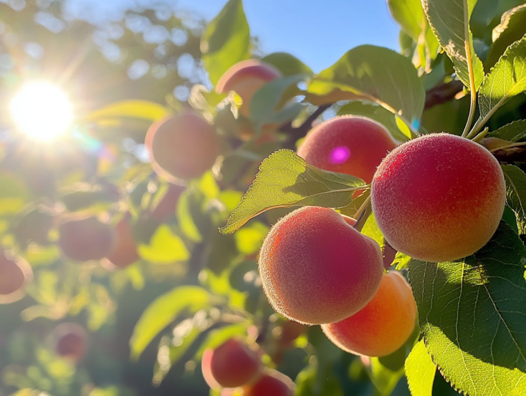 Ripe peaches hanging from a tree, glowing in the sunlight with green leaves in the background