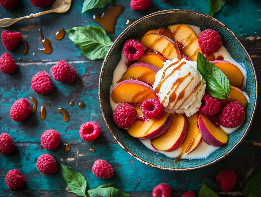 Bowl of fresh peaches surrounded by raspberries, vanilla ice cream, and caramel drizzle on a rustic table