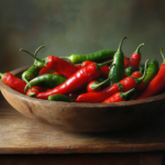 A close-up of fresh serrano peppers in bright green and red hues, placed on a rustic wooden table, showcasing their glossy texture