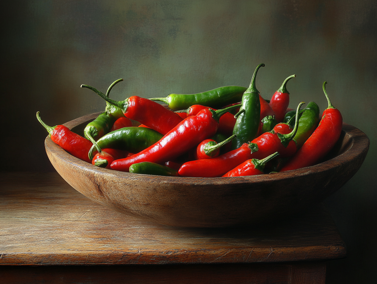 A close-up of fresh serrano peppers in bright green and red hues, placed on a rustic wooden table, showcasing their glossy texture