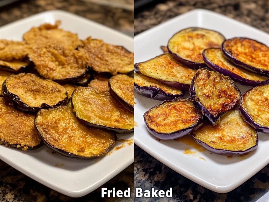 Why Is Eggplant Parmesan So High in Calories? 3 Comparison of fried and baked eggplant slices on a white plate, highlighting differences in texture and oiliness.