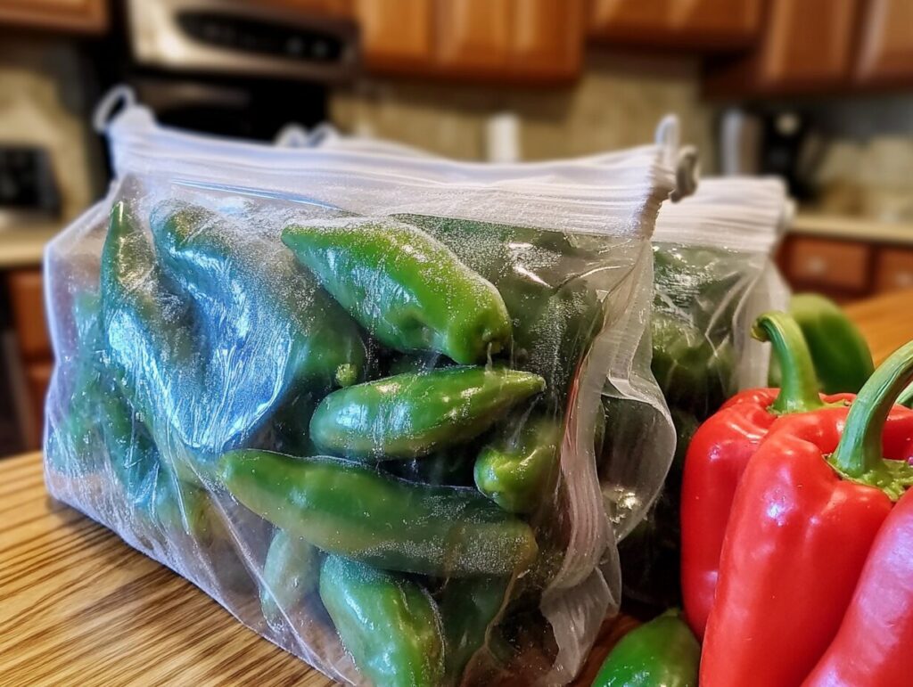 Frozen serrano peppers inside a clear resealable bag, labeled with a date for storage.