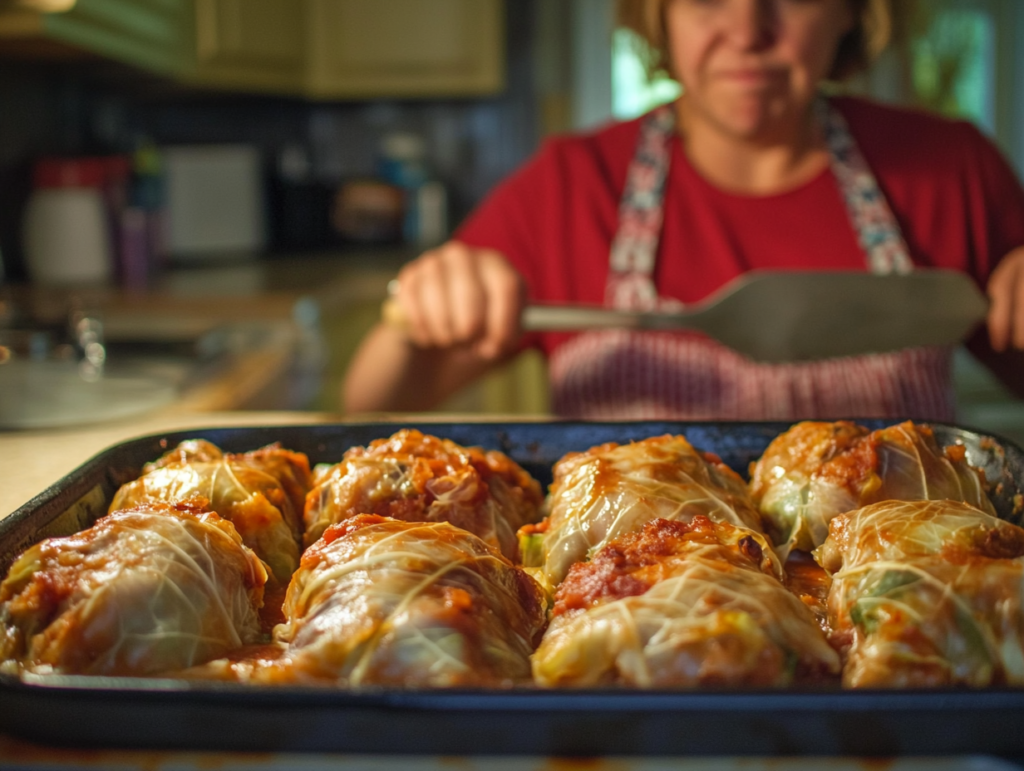 A home cook looking disappointed at a tray of tough, dry stuffed cabbage rolls.