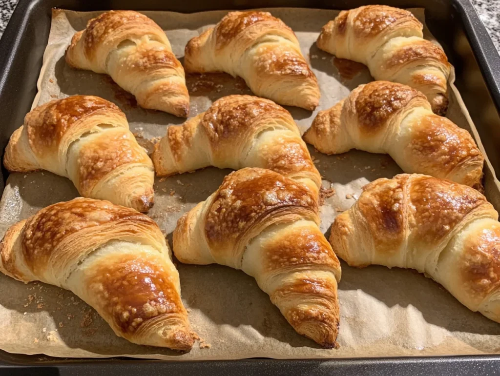 Freshly baked Gipfeli pastries on a parchment-lined baking tray, highlighting their golden-brown crust and crisp, flaky texture straight from the oven