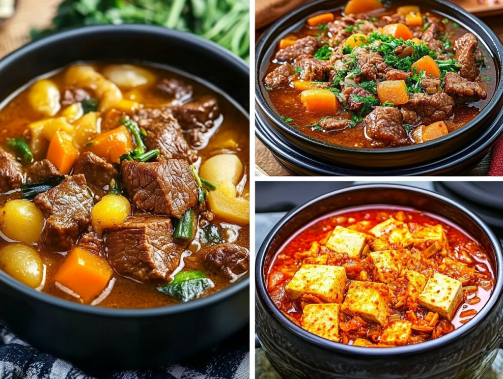 A collage showing French pot-au-feu, Moroccan tagine, and Korean kimchi jjigae, each in traditional serving dishes with cultural accents.