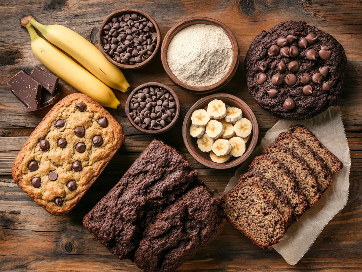 A variety of gluten-free baked goods, including banana bread, chocolate cake, and cookies, arranged on a rustic table with baking ingredients.