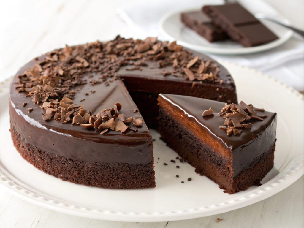 A gluten-free chocolate cake topped with glossy ganache and chocolate curls, with a slice showing its moist interior