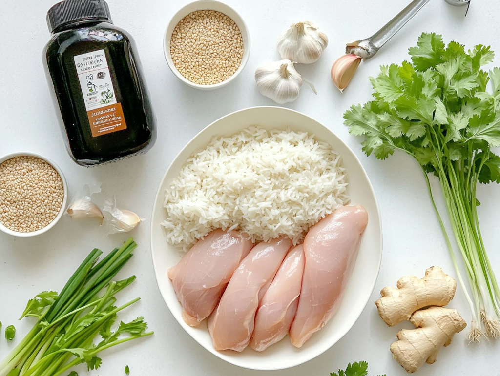 A variety of gluten-free ingredients for making chicken rice, including tamari, fresh chicken, jasmine rice, and aromatics.