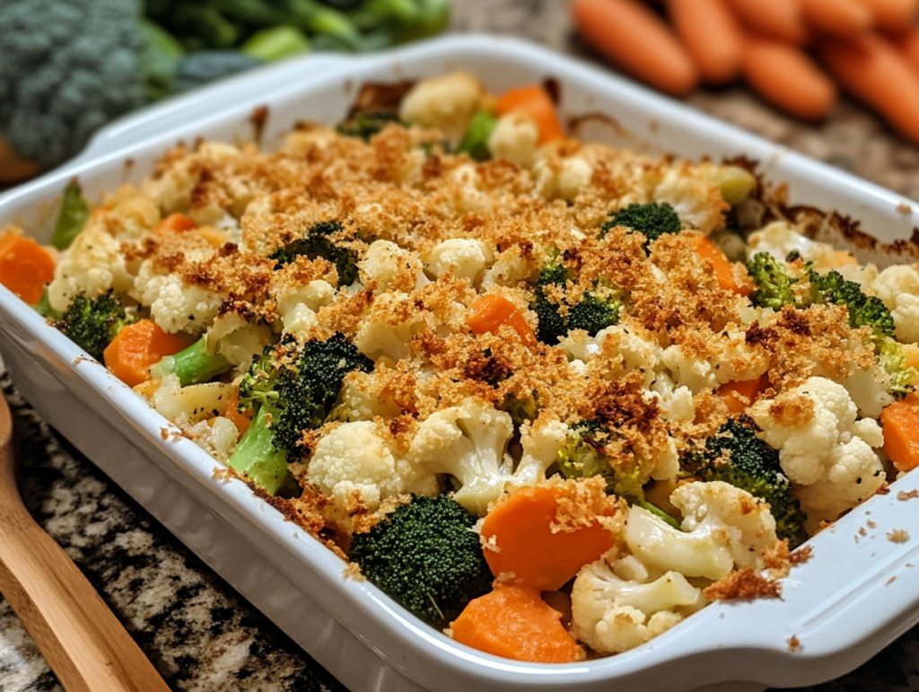 A vibrant gluten-free vegetable casserole featuring broccoli, carrots, and cauliflower, topped with golden breadcrumbs in a ceramic baking dish.