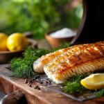 Golden smoked fish fillet on a wooden board with dill, lemons, and a bowl of brine ingredients, set in a clean and rustic kitchen setting