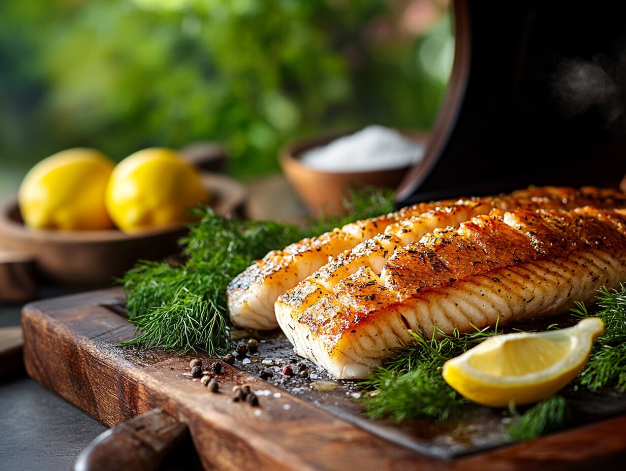 Golden smoked fish fillet on a wooden board with dill, lemons, and a bowl of brine ingredients, set in a clean and rustic kitchen setting