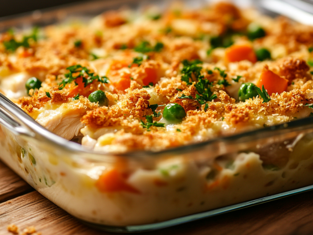 Close-up of a freshly baked chicken casserole with a golden, crispy topping, juicy chicken, and vibrant vegetables