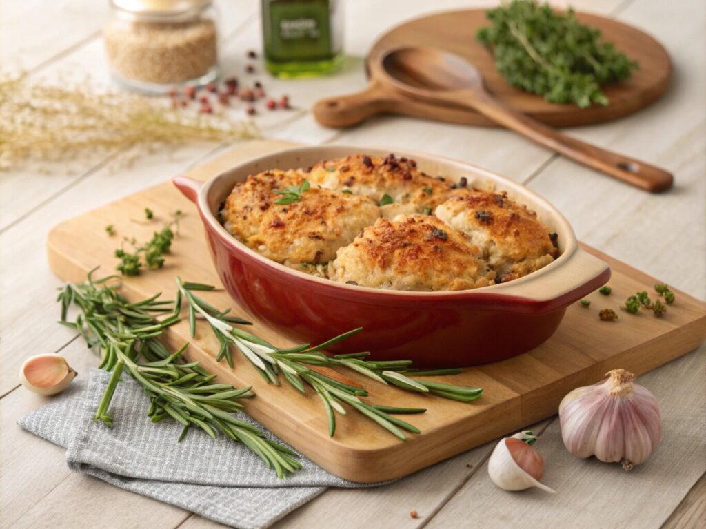 A freshly baked chicken casserole in a red ceramic dish, topped with golden breadcrumbs, surrounded by fresh rosemary, parsley, garlic cloves, and seasoning ingredients on a wooden cutting board.