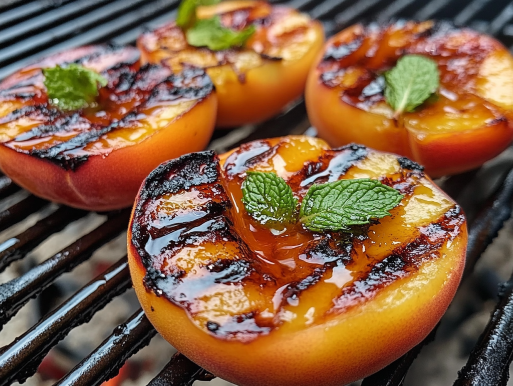 Grilled peach halves with caramelized edges, garnished with mint leaves and honey, on a plate.v