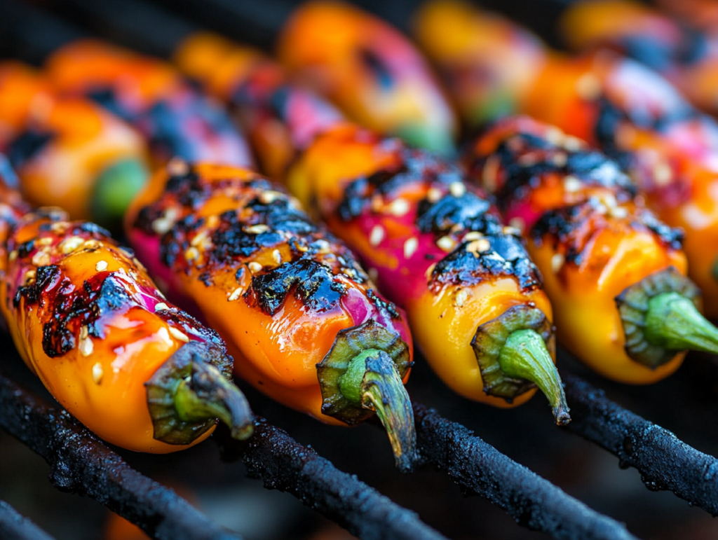 Roasted serrano peppers sizzling on a grill with charred marks and smoky wisps rising