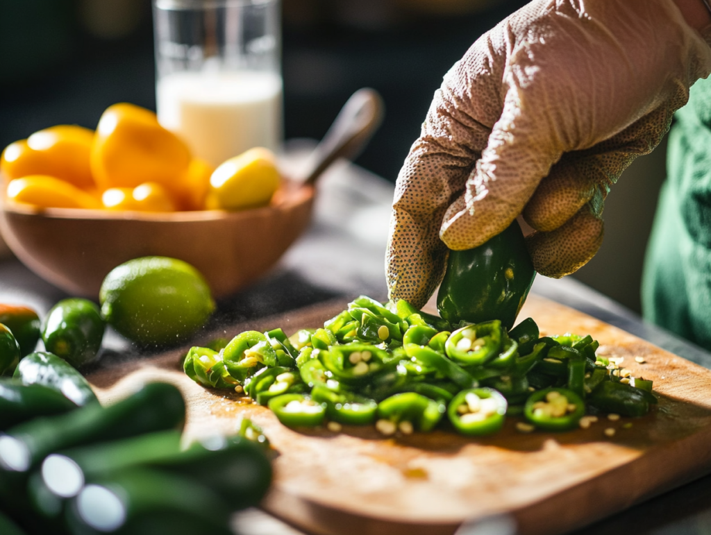 A person chopping serrano and jalapeño peppers wearing gloves, with lime and milk nearby to tone down spice.