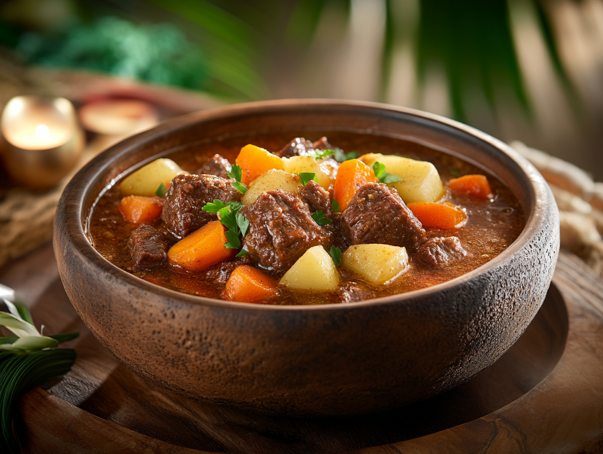 A bowl of Hawaiian beef stew with tender beef, potatoes, and carrots in a rich tomato broth, served on a rustic table with tropical decor.