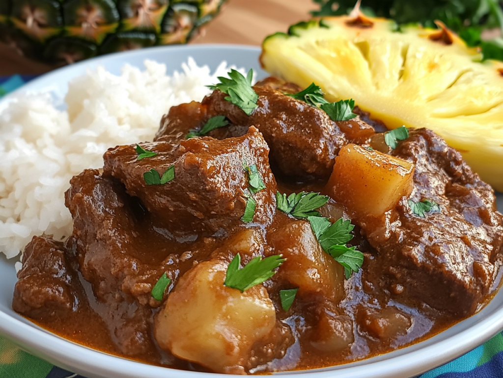 A bowl of Hawaiian beef stew garnished with parsley, served with white rice and tropical decor in the background.