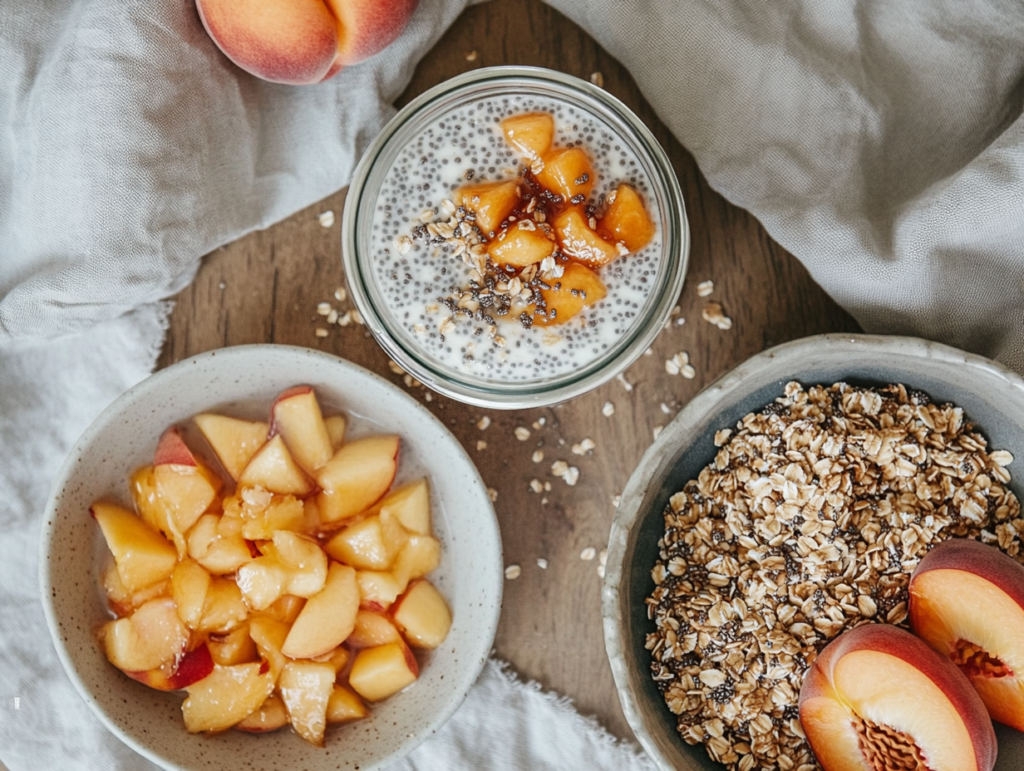 A healthy breakfast spread with overnight oats, peach chia seed pudding, and a granola bowl topped with fresh peaches and honey.