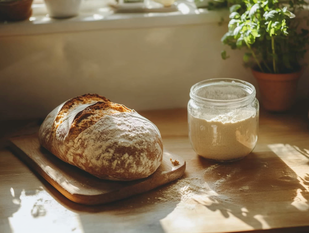 A rustic kitchen counter featuring a jar of sourdough discard, a loaf of sourdough bread, and flour, bathed in warm natural light.