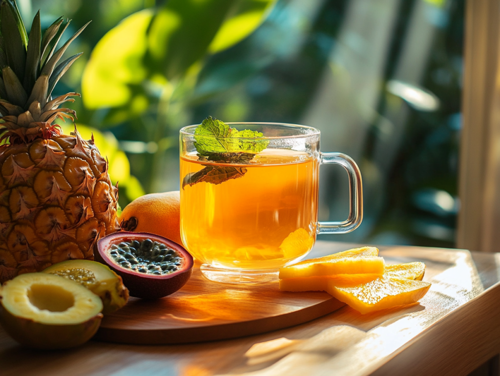 Colombian aromática herbal tea served with slices of fresh tropical fruits.