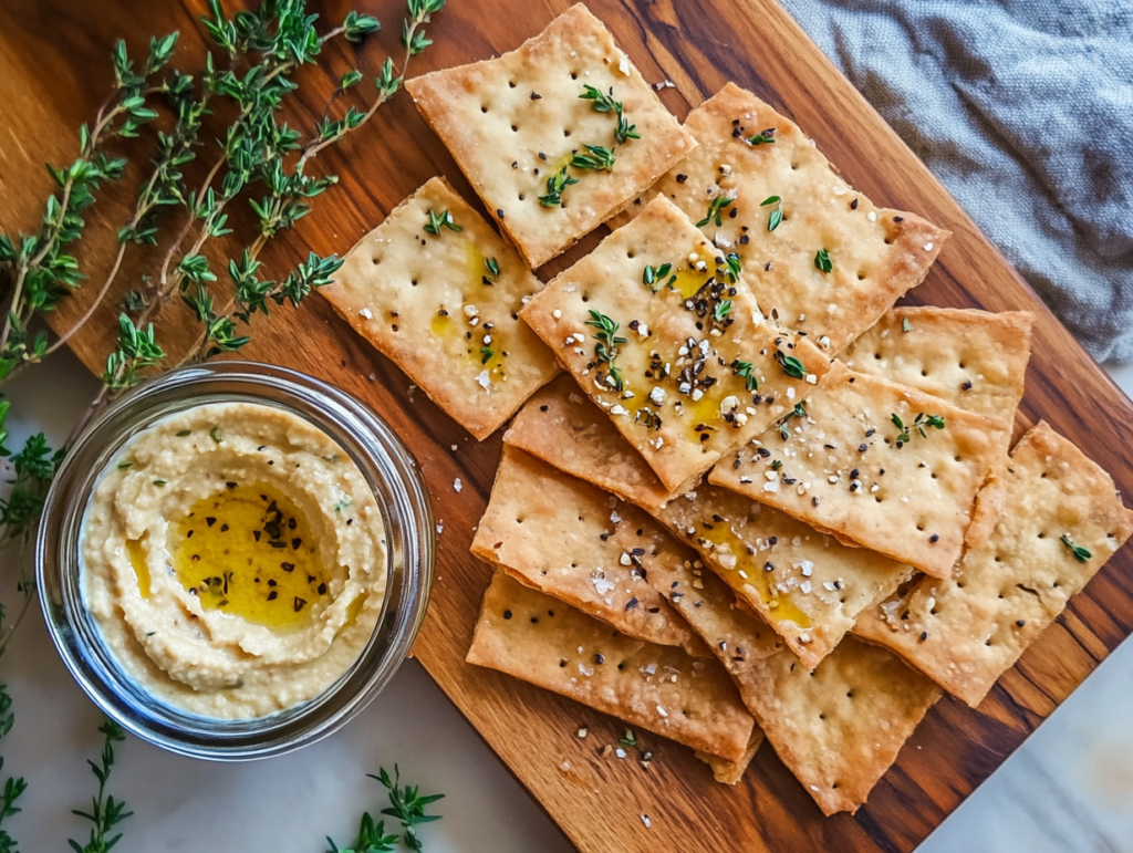 Homemade sourdough crackers on a wooden board with a jar of sourdough discard and a bowl of hummus