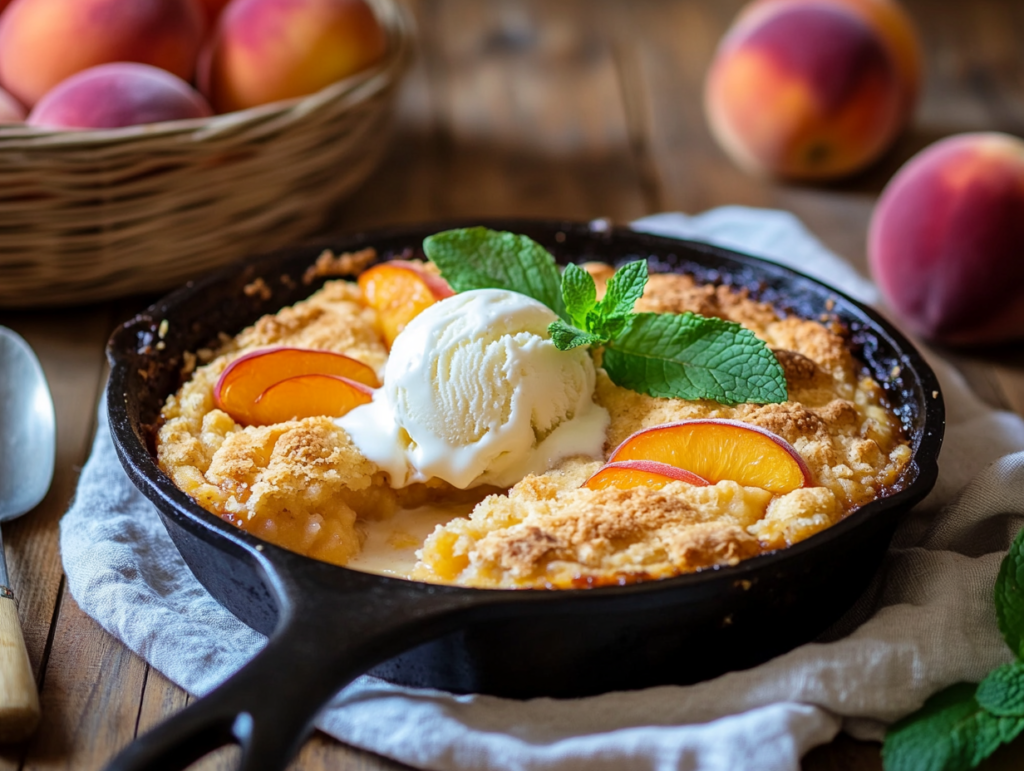 A rustic basket of fresh peaches on a kitchen countertop with a jar of peach jam and kitchen tools.