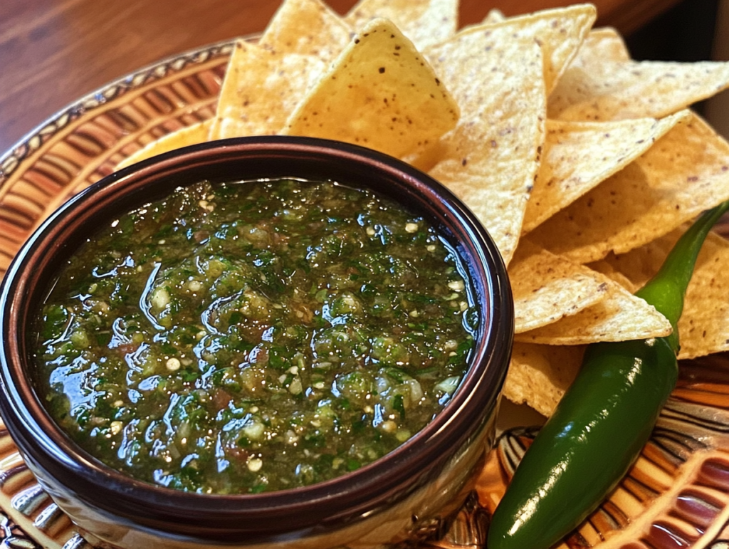 A bowl of chunky serrano pepper salsa surrounded by crispy tortilla chips, garnished with cilantro and lime slices for a vibrant presentation