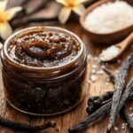 A jar of homemade vanilla paste with vanilla bean specks, surrounded by fresh vanilla pods and sugar on a rustic wooden table.