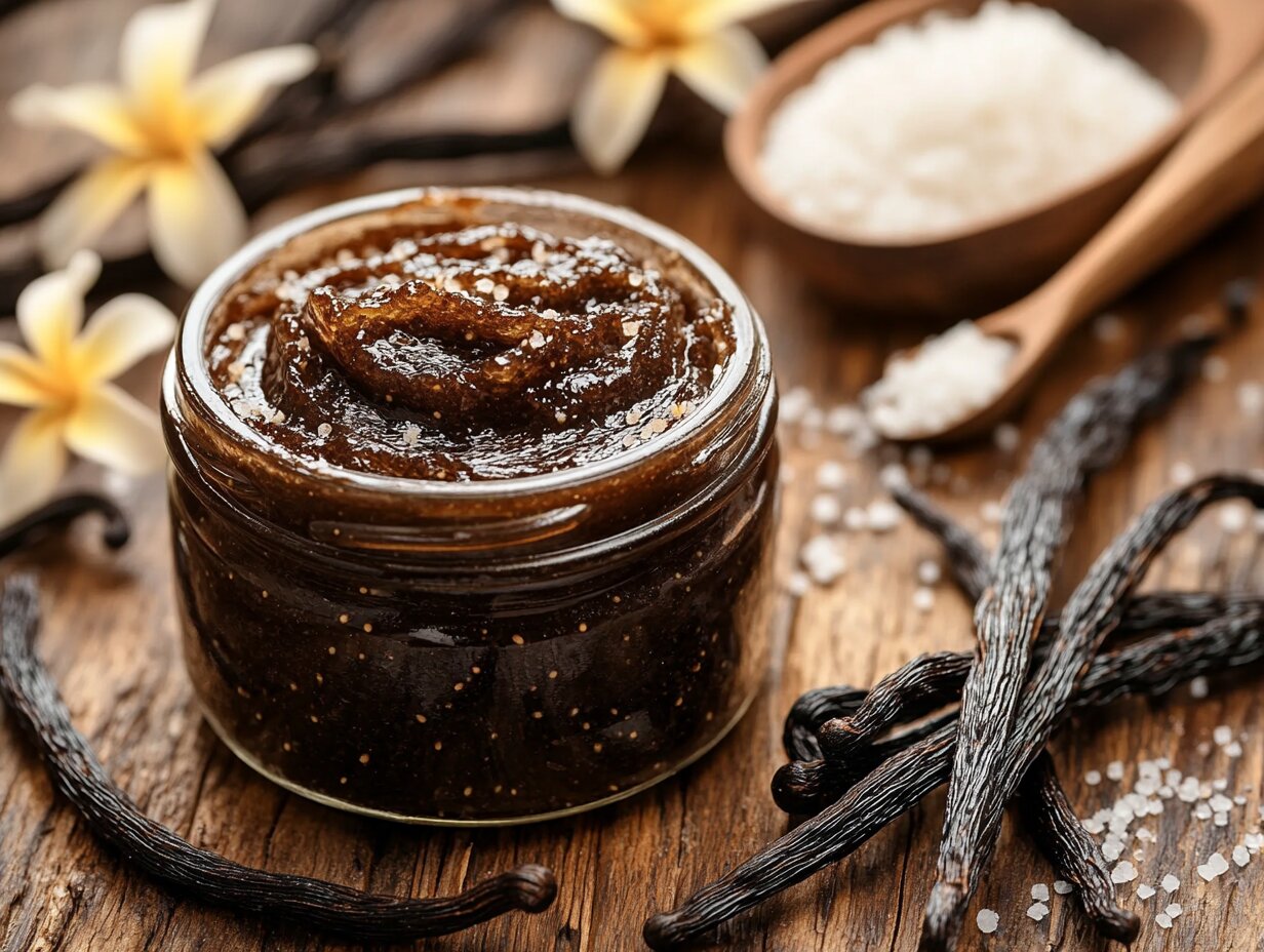 A jar of homemade vanilla paste with vanilla bean specks, surrounded by fresh vanilla pods and sugar on a rustic wooden table.