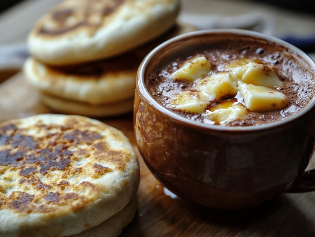 A traditional Colombian breakfast featuring a cup of hot chocolate with cheese slices for dipping, served alongside pandebono and a plate of fresh arepas