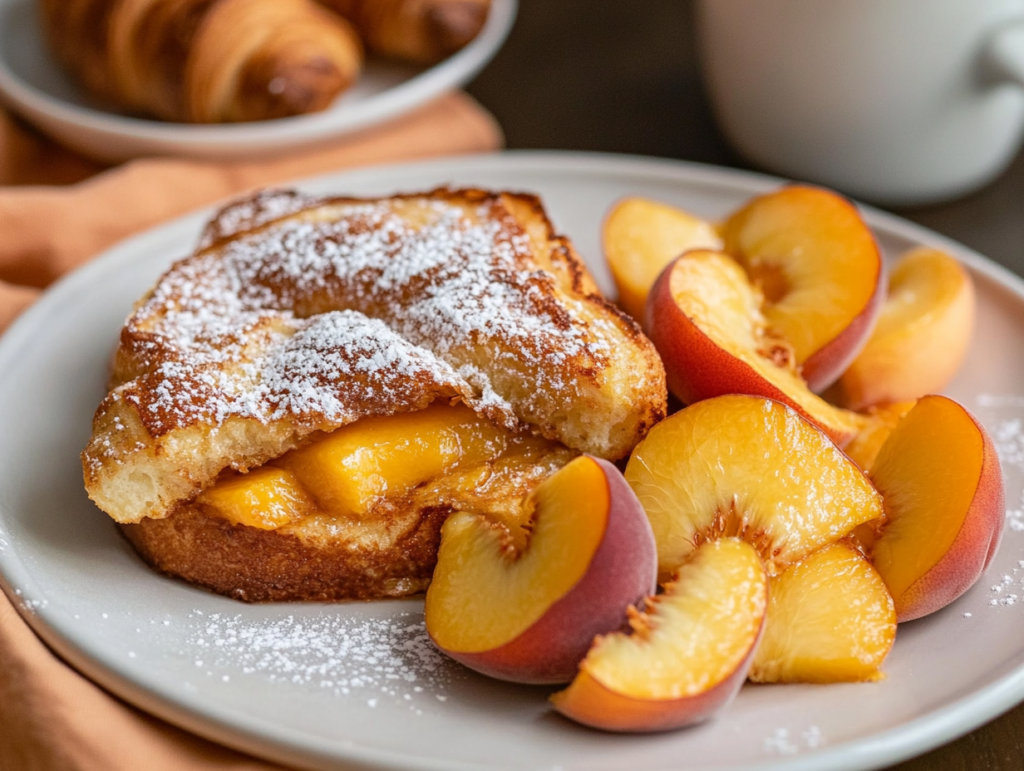 A close-up of peach-stuffed French toast and peach and cream cheese croissants on a warm, inviting brunch table.