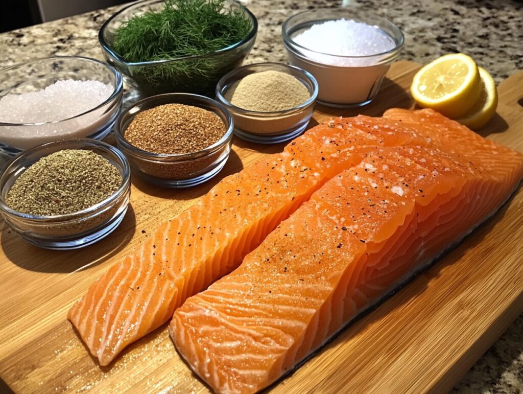 A fresh salmon fillet with ingredients for brining