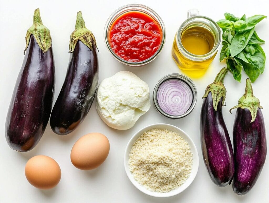 Why Is Eggplant Parmesan So High in Calories? 2 Fresh eggplant, breadcrumbs, cheese, marinara sauce, and olive oil on a white countertop.