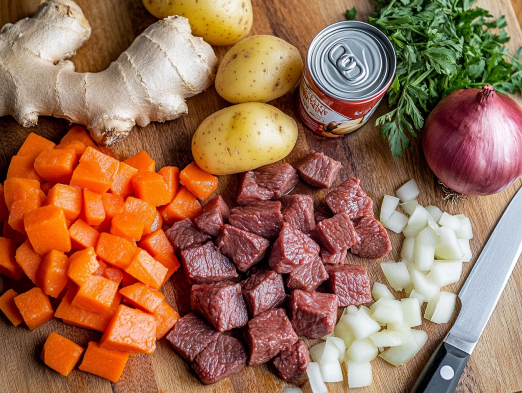 Fresh ingredients for Hawaiian beef stew, including beef, carrots, potatoes, and tomato paste, arranged on a wooden cutting board.