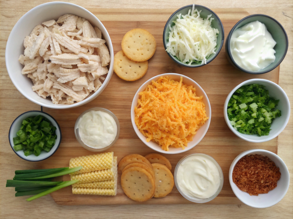 Ingredients for Million Dollar Chicken Casserole, including shredded chicken, cheeses, crackers, sour cream, mayonnaise, and fresh herbs, displayed on a wooden board